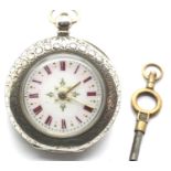 Ladies presumed silver fob watch, with key, D: 37 mm, 38.5g. P&P Group 1 (£14+VAT for the first