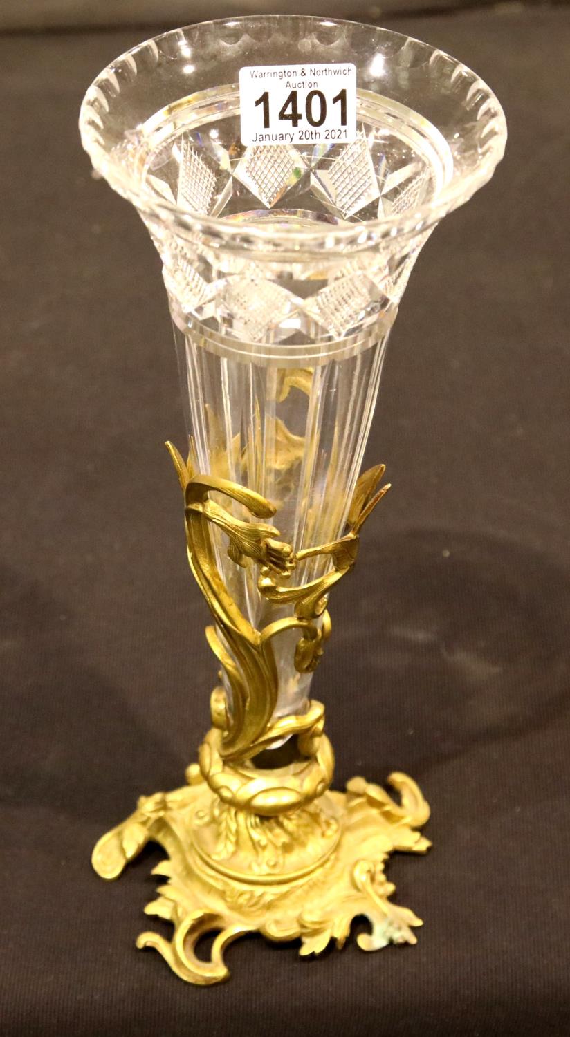 19th century French cut glass conical Escalier de Cristal vase raised in an ornate ormolu stand,