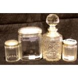 George V pair of silver top glass dressing table jars, Chester assay 1921, a further Walker & Hall