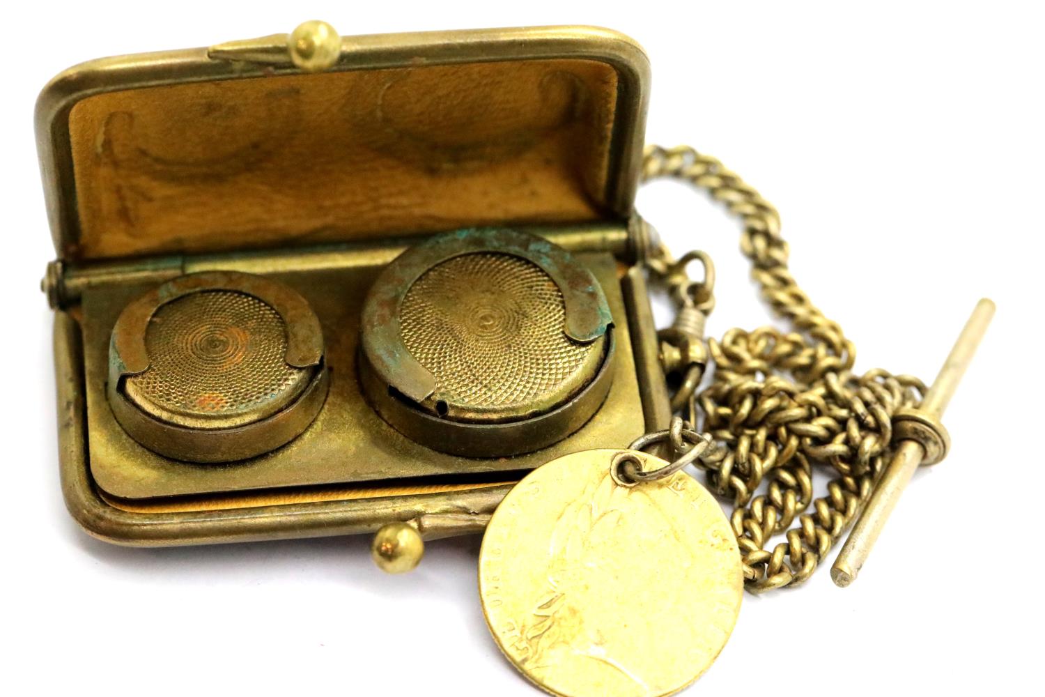 Victorian leather and brass sovereign and half sovereign sprung purse, with Albert chain and