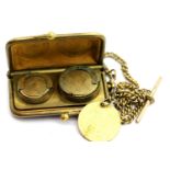 Victorian leather and brass sovereign and half sovereign sprung purse, with Albert chain and