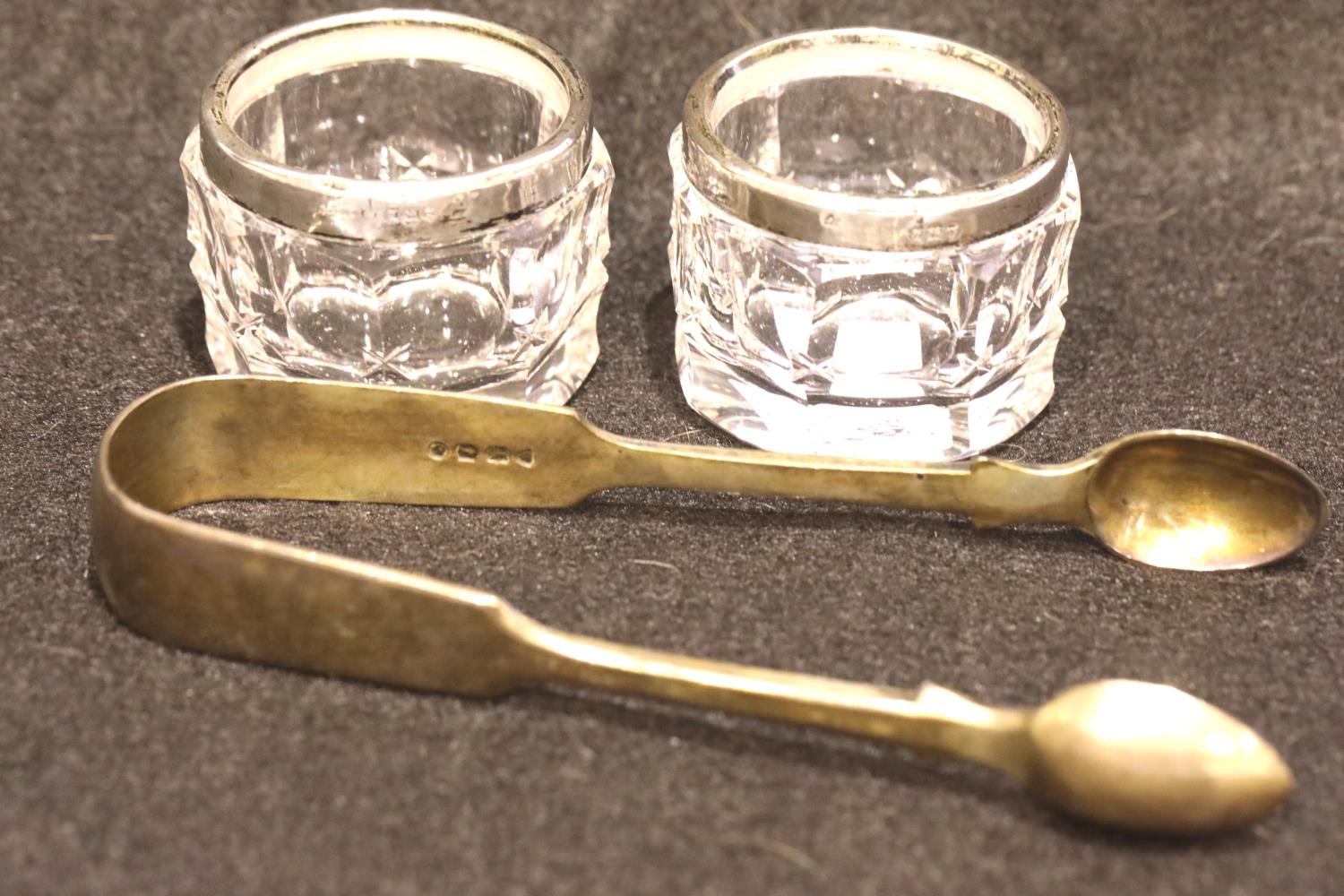 George V Victorian pair of hallmarked silver rimmed open glass salts and a pair of hallmarked