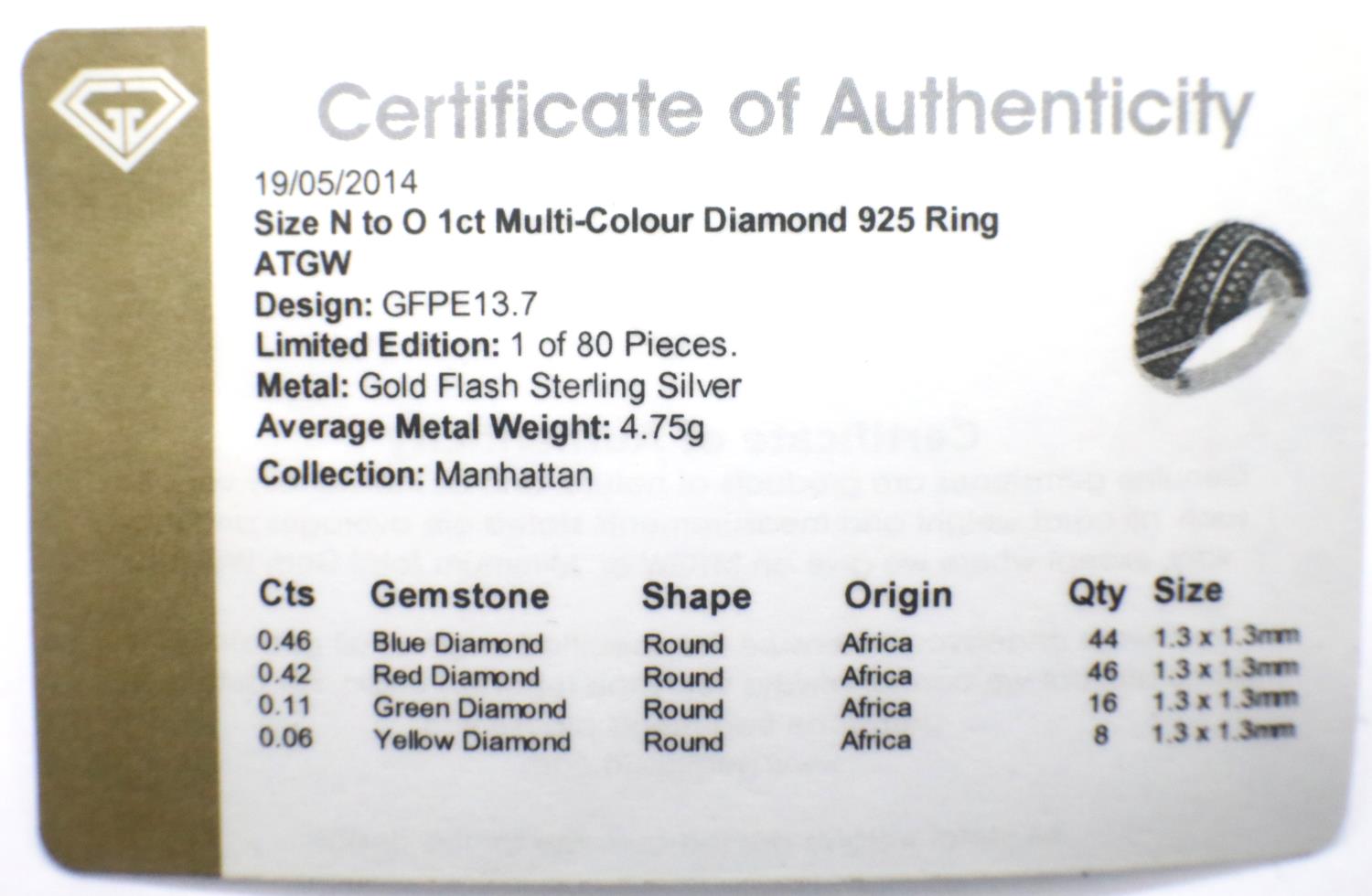 Sterling silver multi coloured diamond ring with 1ct of diamonds, with certificate. Size N/O, 5. - Image 2 of 2