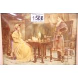 An Edwardian crystoleum depicting a lady and gentleman at tea, gilt framed, 23 x 17 cm. P&P Group