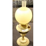 Antique brass oil lamp with chimney and shade, overall H: 60 cm. Not available for in-house P&P,