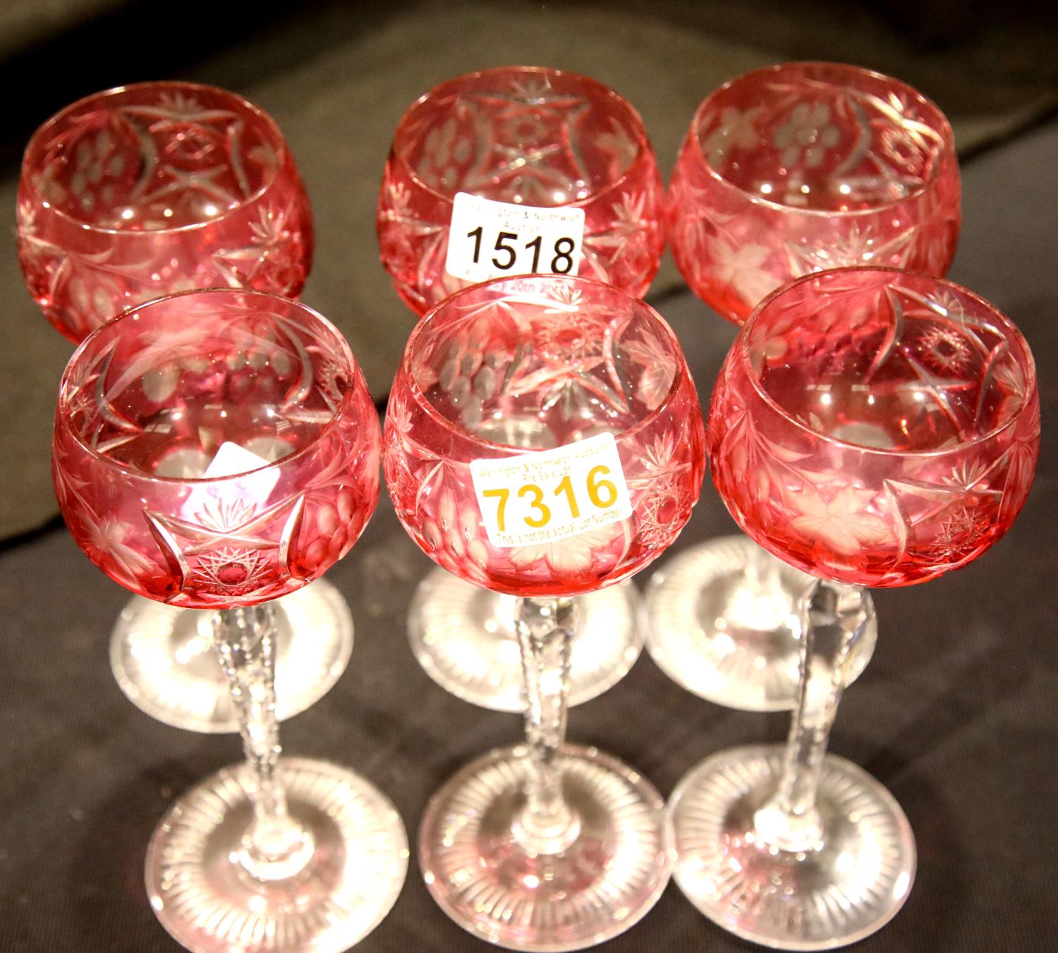 Set of six Edwardian cutaway Cranberry crystal hock glasses, H: 15 cm. P&P Group 3 (£25+VAT for