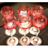 Set of six Edwardian cutaway Cranberry crystal hock glasses, H: 15 cm. P&P Group 3 (£25+VAT for