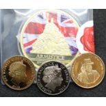 Winston Churchill, two £5 coins including silver, a further coin and a large Armistice medallion.