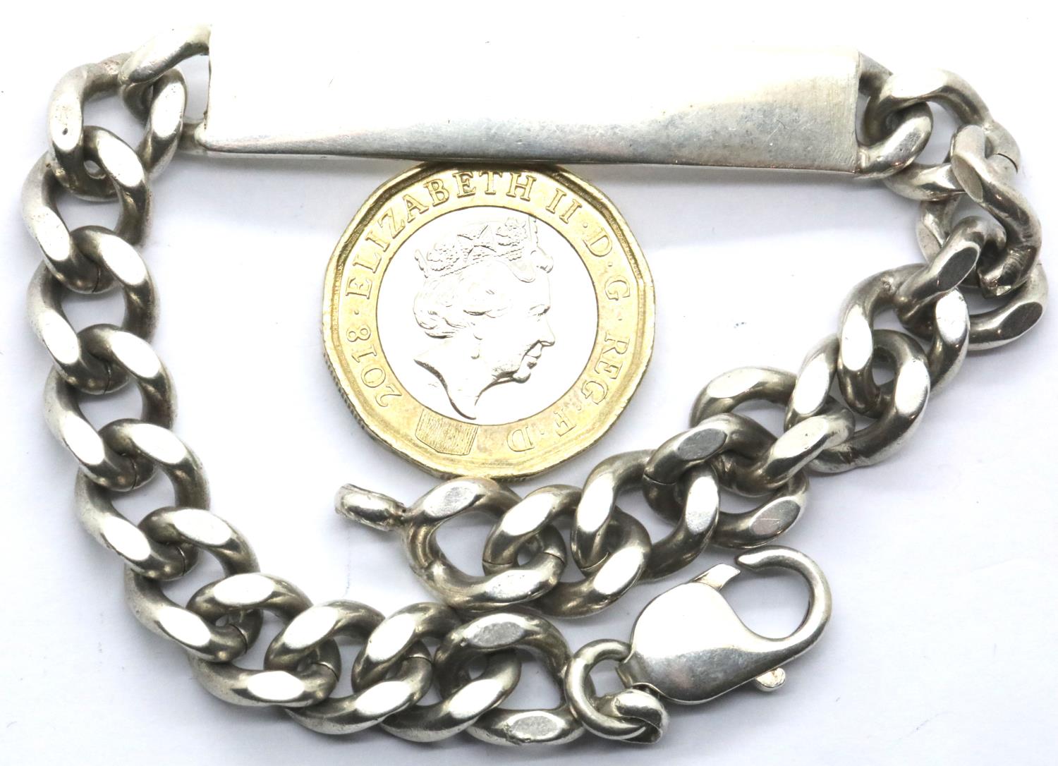 Gents 925 silver ID curb bracelet, L: 21 cm, 39.6g, clasp fully functional. P&P Group 1 (£14+VAT for