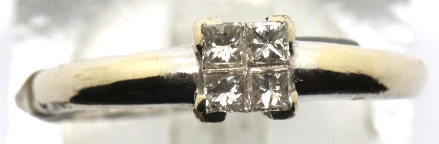 Ladies 18ct gold four stone Princess cut diamond ring, size L, 2.4g. P&P Group 1 (£14+VAT for the