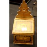 Antique lidded salt box with inlaid fruit woods H: 27 cm. P&P group 2 (£18+VAT for the first lot and
