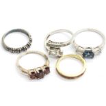 Five silver assorted rings, various sizes, including gold plated and stone set examples. P&P Group 1
