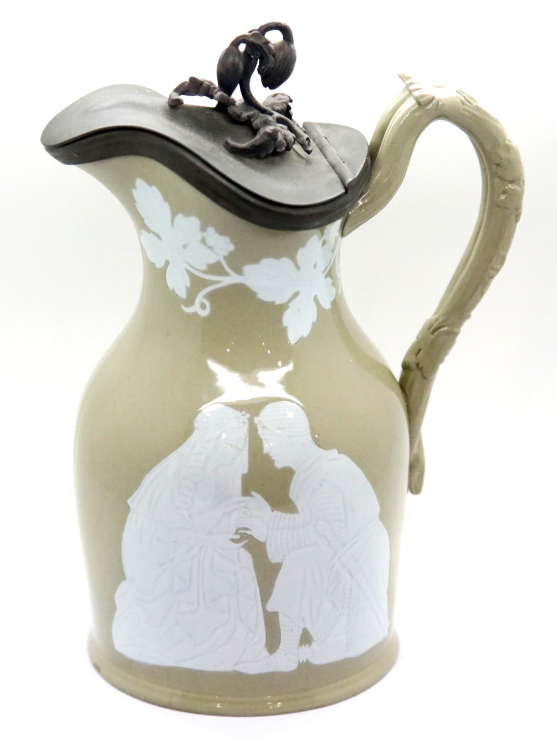 Victorian glazed ironstone water jug with pewter cover and post 1837 Royal coat of arms back