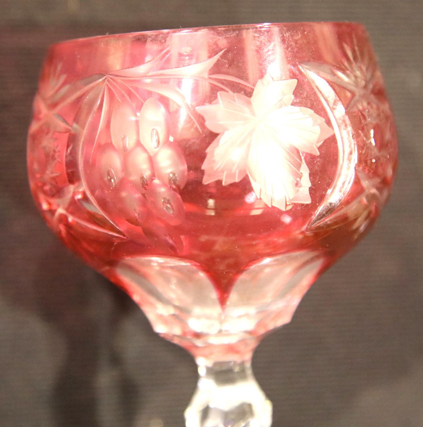 Set of six Edwardian cutaway Cranberry crystal hock glasses, H: 15 cm. P&P Group 3 (£25+VAT for - Image 2 of 5