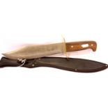 Large Bowie type knife with wooden handle, in sheath. P&P Group 1 (£14+VAT for the first lot and £