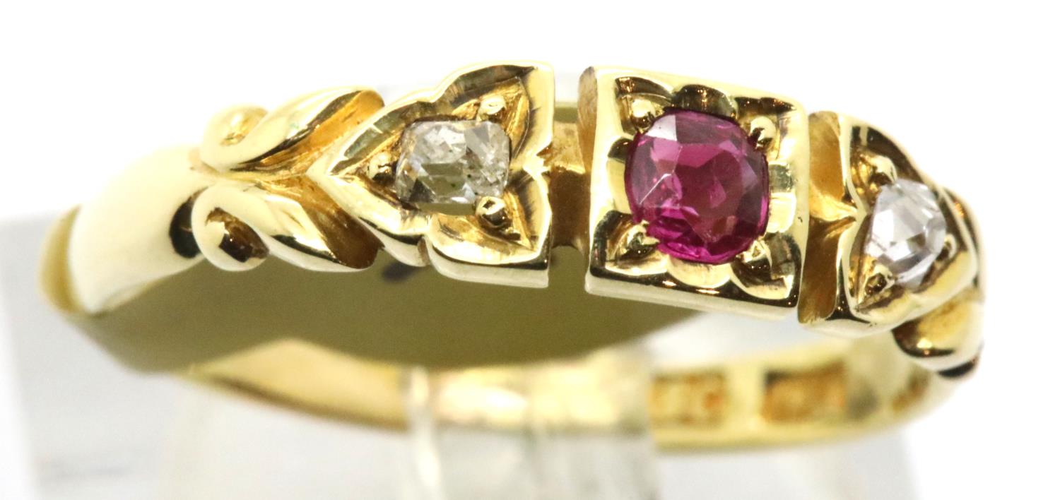 Ladies antique 18ct gold ruby and diamond three stone ring, size N, 2.5g. Condition report: