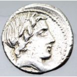 86BC early Roman silver Republic Denarius anonymous head of Apollo and Jupiter galloping Quadriga.