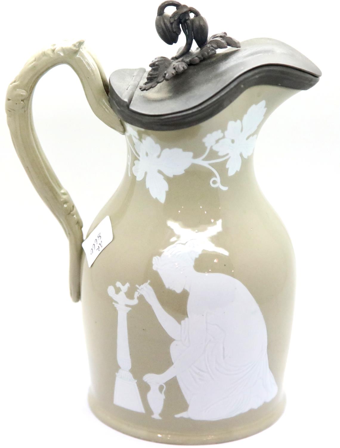 Victorian glazed ironstone water jug with pewter cover and post 1837 Royal coat of arms back - Image 2 of 4