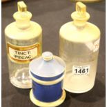 Two named Victorian glass apothecary bottles and a ceramic example. P&P group 2 (£18+VAT for the