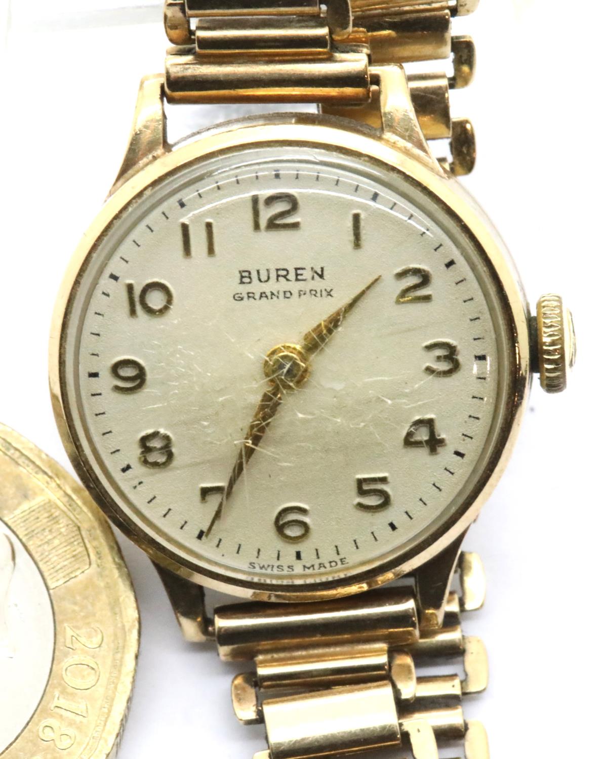 9ct gold cased Buren Grand Prix ladies wristwatch, presented as a 40 year service gift from ICI,