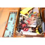 Box of mixed tools including part socket set and garden tools. Not available for in-house P&P,