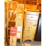 Pine five drawer cupboard, 104 x 46 x 38 cm and an open shelf unit. Not available for in-house P&