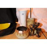 Mixed lot of ceramics and brass items to include a large ceramic vase. Not available for in-house