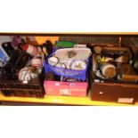 Three boxes of mixed items including ceramics and electrical items. Not available for in-house P&