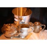 Metalware ice bucket containing mixed plated ware, pewter, teapots, tankards etc. Not available