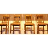 Four oak stickback dining chairs with faux leather seating. Not available for in-house P&P,