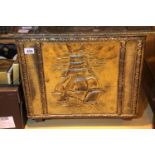 Brass storage box with ship design on castors, 50 x 56 x 40 cm. Not available for in-house P&P,