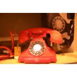 Red GPO Carrington, push button telephone in 1920s styling with pull out pad tray, compatible with
