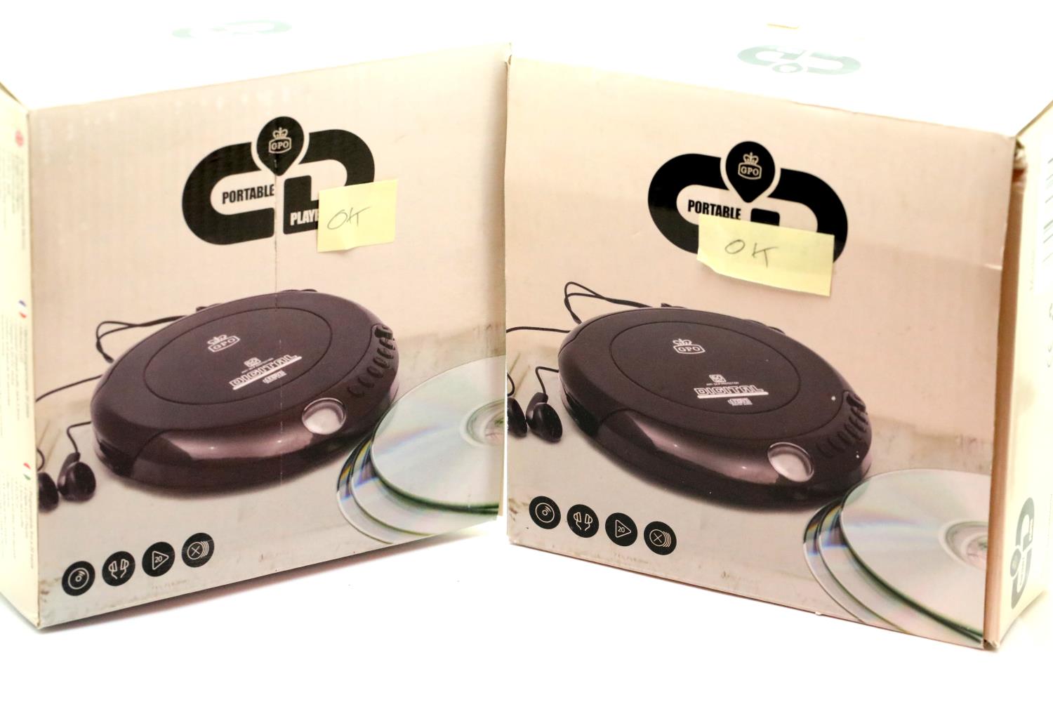 Two GPO personal discman CD player, 3.5mm earphone jack and 4.5v DC in jack, including earphones,