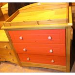 Modern pine effect and painted three drawer baby changing unit. Not available for in-house P&P,