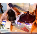 Boxed Emile Henry casserole dish and lid, a coffee maker and a hand mincer. Not available for in-