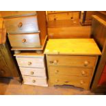 Small pine chest of three drawers and two three drawer bedside cabinets. Not available for in-