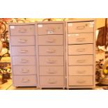 Three silver coloured metal six drawer filing cabinets. H: 66cm L: 28cm D: 42cm. Not available
