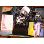 Box of mixed electronics including phones and blank unused CDs. Not available for in-house P&P,