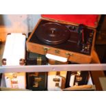 Five GPO retro briefcase record players for spares/repairs in ivory, green, brown and black. Not