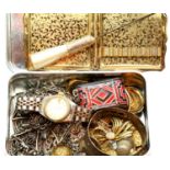 Small tin of mixed costume jewellery and thimbles including silver. P&P Group 1 (£14+VAT for the