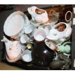 Box of mixed ceramics including part tea sets, posy vases, ceramic frogs etc. Not available for in-