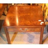 Mahogany single drawer side table, 70 x 70 x 43 cm. Not available for in-house P&P, contact Paul O'
