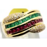 Ladies 18ct gold ruby, emerald and diamond ring, size M, 7.9g. P&P Group 1 (£14+VAT for the first