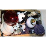 Box of mixed items including metalware and ceramics to include a large figurine and Cranberry Glass.