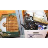 Two boxes of mixed items including ceramic kettles, ceramic two handled tray, planters etc. Not