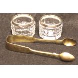 George V Victorian pair of hallmarked silver rimmed open glass salts and a pair of hallmarked