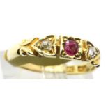 Ladies antique 18ct gold ruby and diamond three stone ring, size N, 2.5g. Condition report: Good/