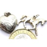 Silver engraved locket and solid horse charm. L: 2 cm. 4.4g. P&P Group 1 (£14+VAT for the first