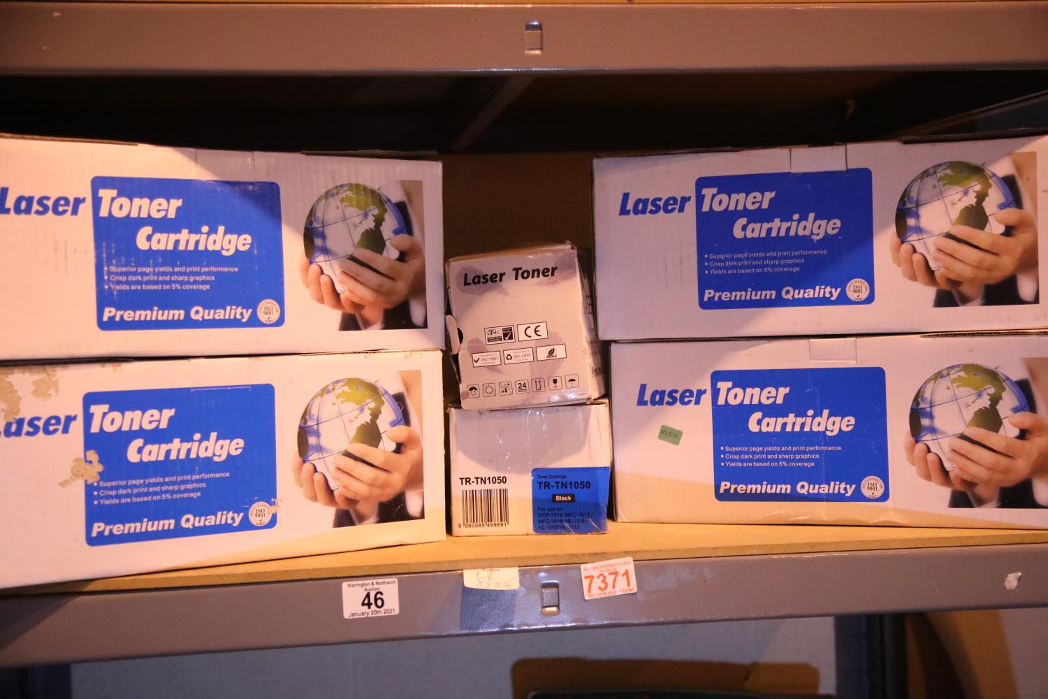 Shelf of mixed laser toner cartridges. Not available for in-house P&P, contact Paul O'Hea at