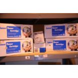 Shelf of mixed laser toner cartridges. Not available for in-house P&P, contact Paul O'Hea at